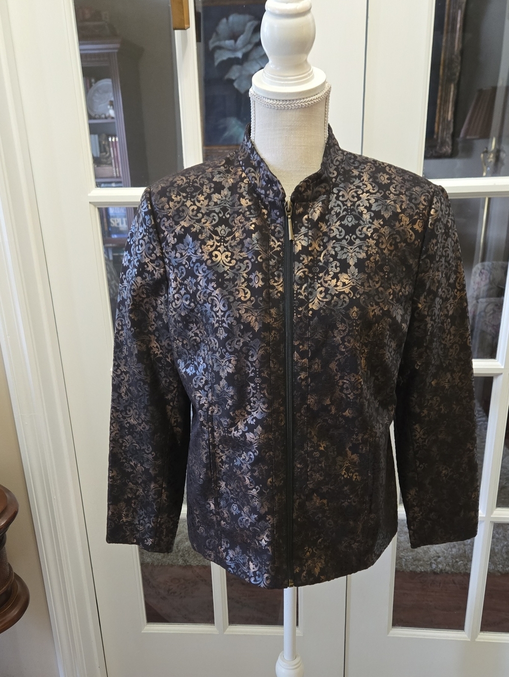 Kim Rogers Black and Gold Floral Jacquard Bomber Jacket Zip Front Lined 10P NEW